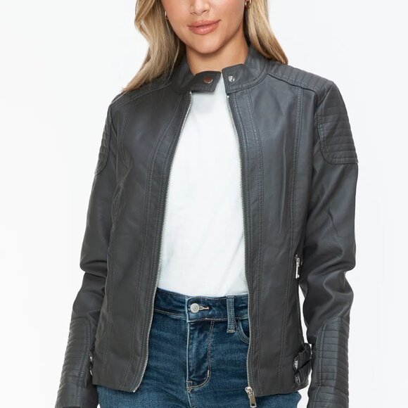 Snobbish Faux Leather Biker Jacket with Side Zip Pockets - Picture 1 of 6